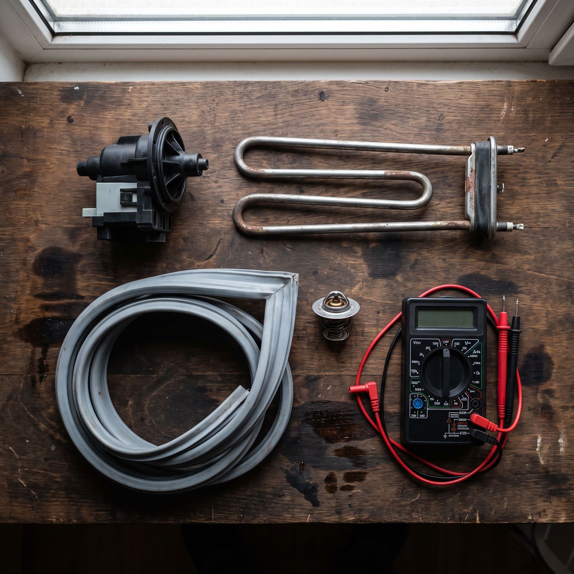 Appliance parts on a workbench: a drain pump, a heating element, a door seal, a thermostat and a multimeter
