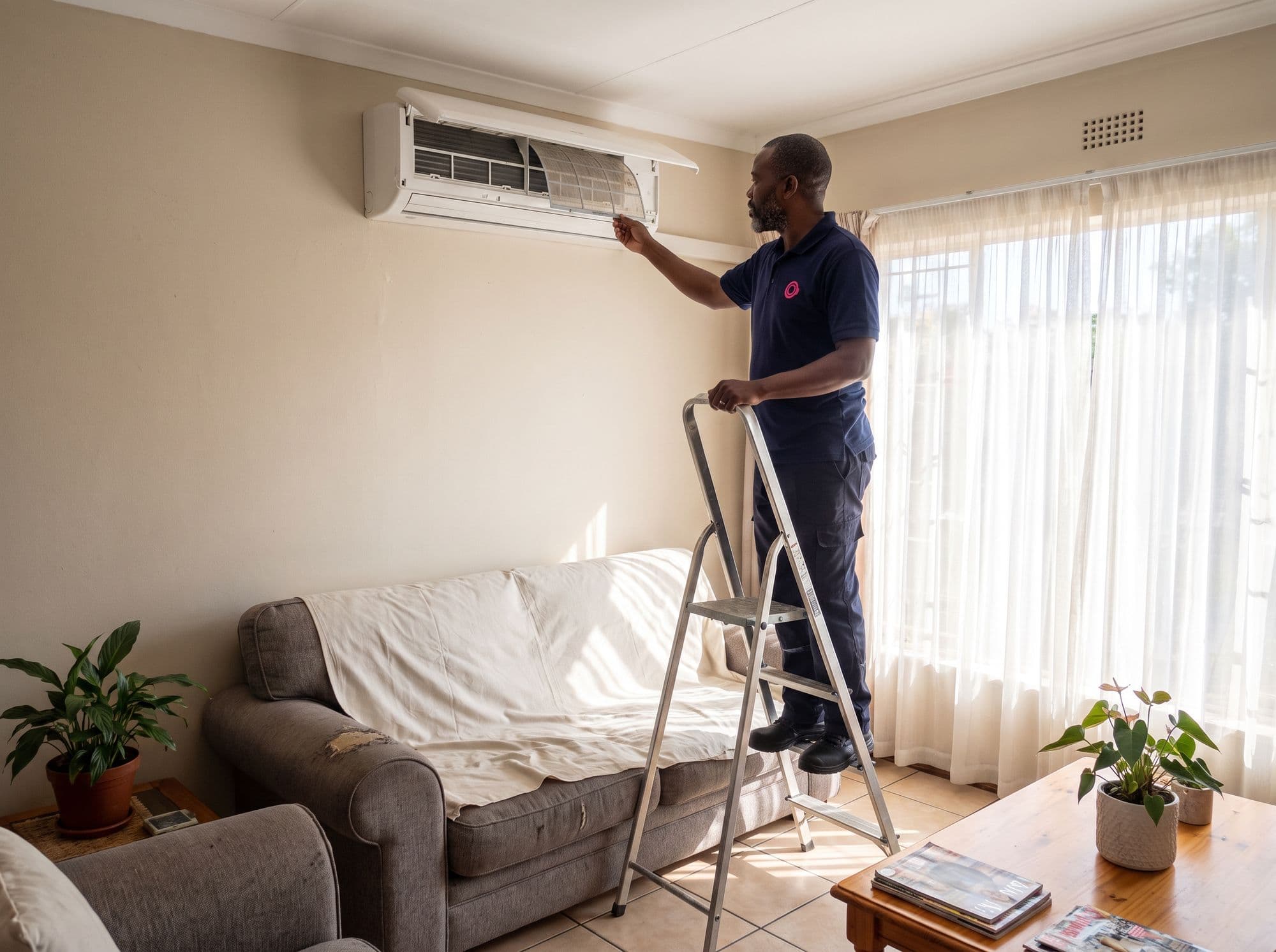 A technician on a step ladder slides the filter out of a wall-mounted aircon above a living room couch