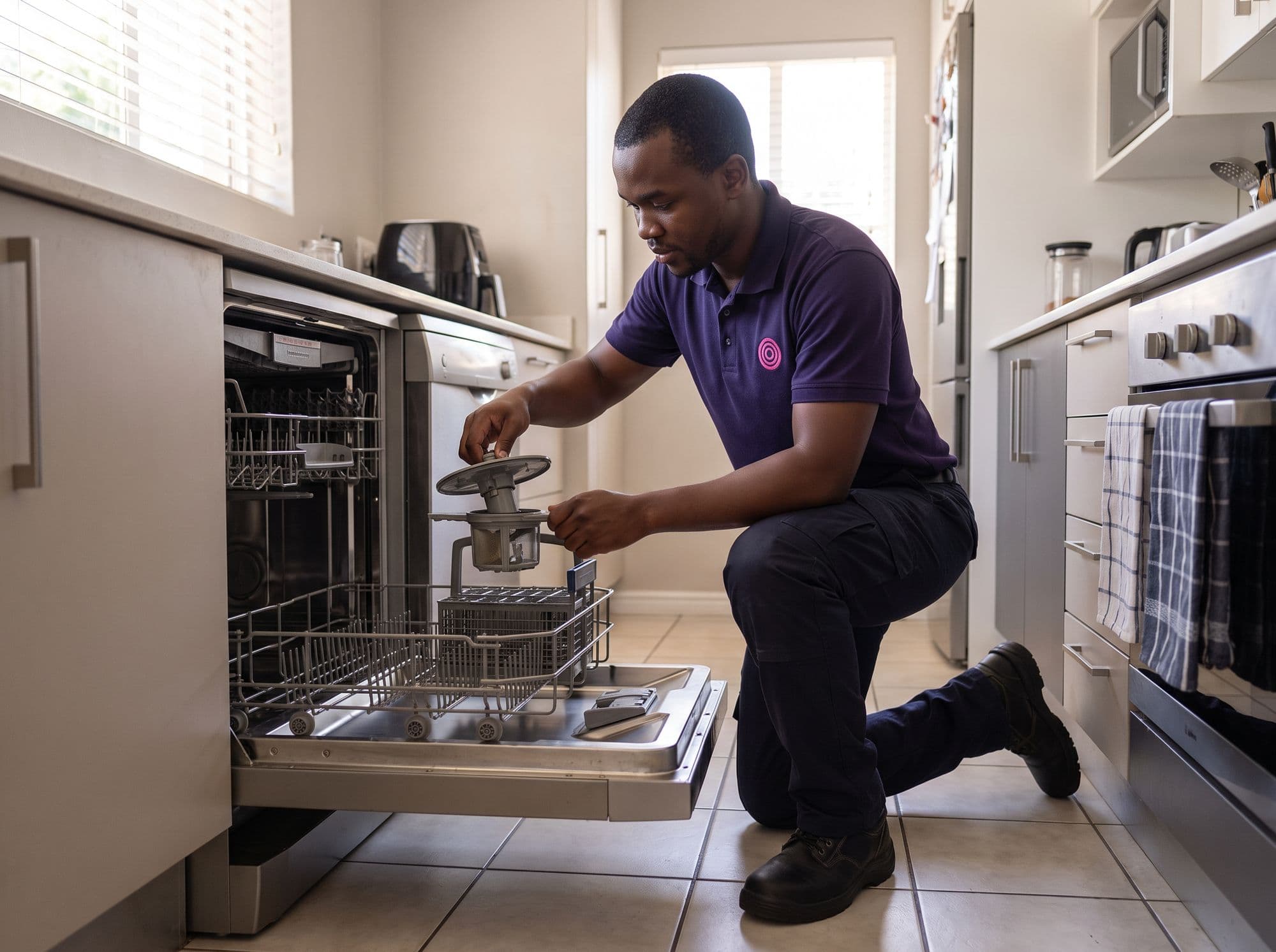 A technician lifts the filter out of a dishwasher with the lower basket pulled out