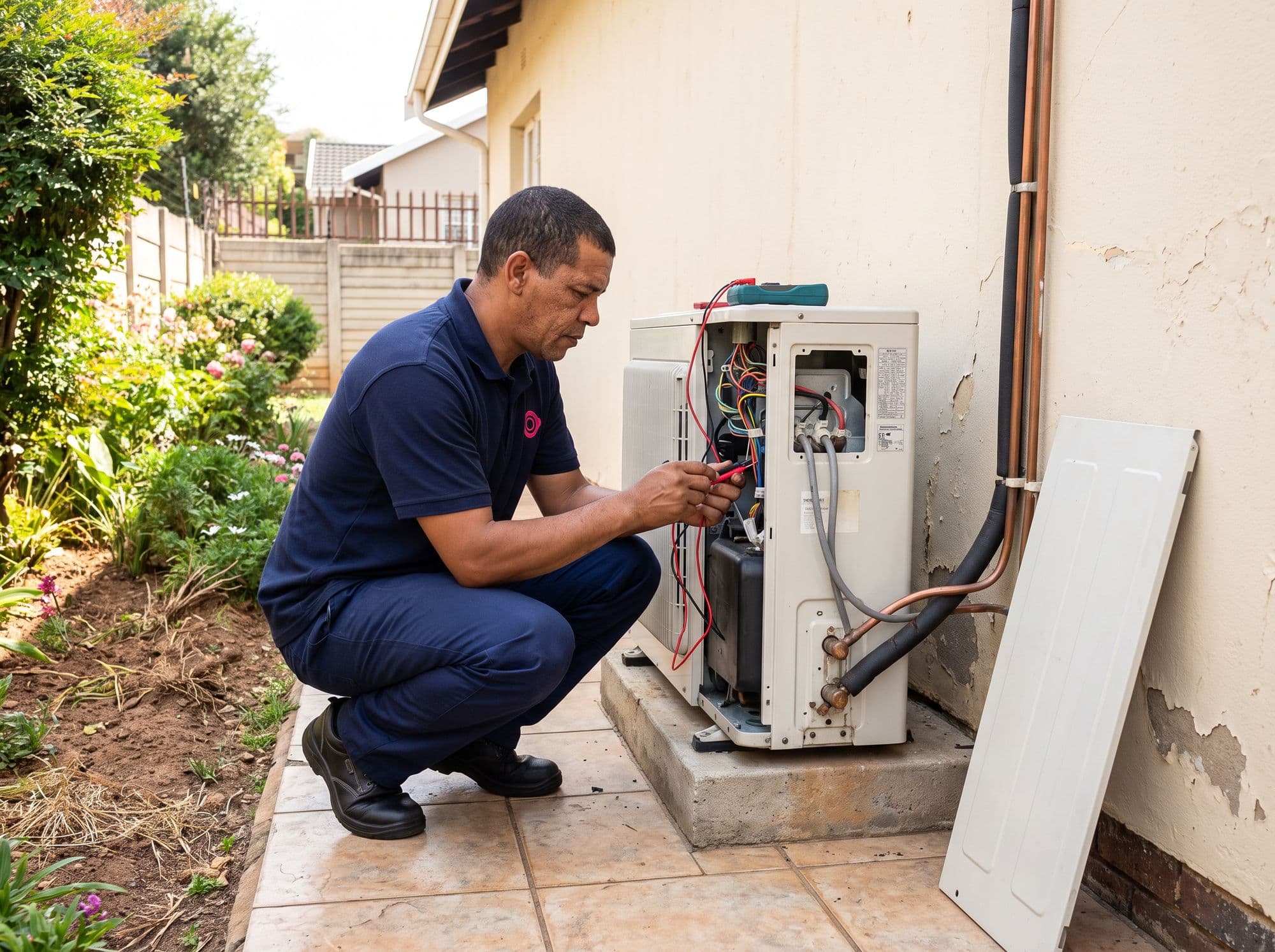 A technician tests the wiring of an outdoor heat pump unit with a multimeter, its side panel off and leaning against the wall