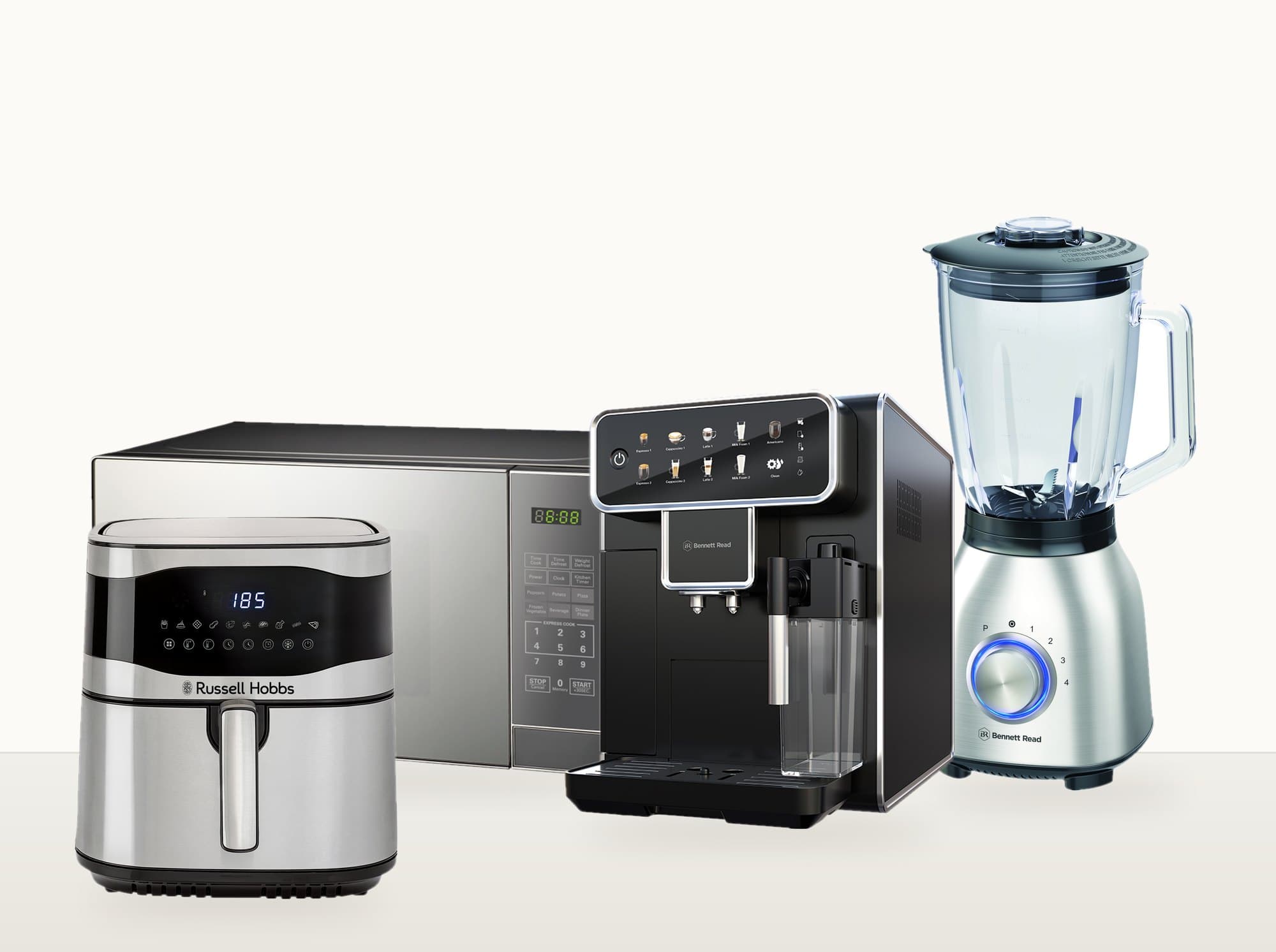 An air fryer, a microwave, an espresso machine and a blender on a kitchen counter