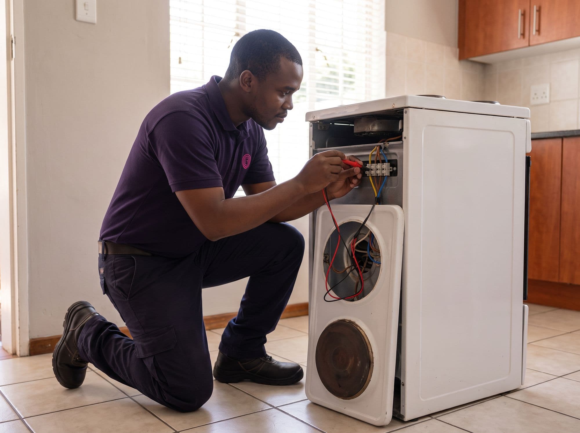 A technician tests the wiring of a freestanding stove with a multimeter